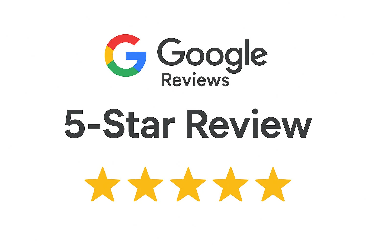 Google Reviews graphic displaying "5-Star Review" with five gold stars beneath the text and the Google logo above.