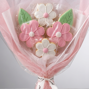 A charming, hand-decorated flower cookie bouquet, beautifully packaged as a gift. The vertical studio photograph features four royal-iced daisy cookies—two larger pink and two smaller white ones—and two green leaf cookies, each individually wrapped. They are bundled together with pink tissue paper and clear cellophane, tied at the stem with a white ribbon printed with 'Just for you' script. The bouquet rests on a textured surface in a soft grey studio setting.